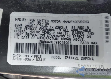 2009 Toyota Corolla Le from USA, damaged, VIN 1NXBU40E09Z048065